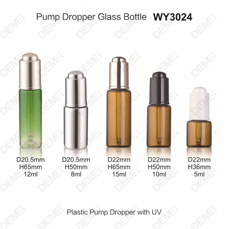 5ml-20ml Wholesale Cosmetic Packaging D20.5mm Stright Round Clear and Amber Serum Essential Oil Tube Glass Bottle with Gold Aluminum Press Button Dropper Cap