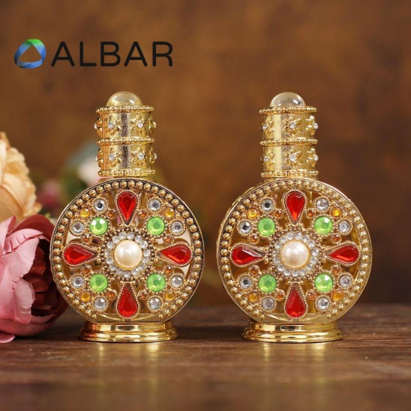 Customized Style Attar Oud Tola Perfume Bottle with Zinc Zamac in Gold and Red Pearls Color