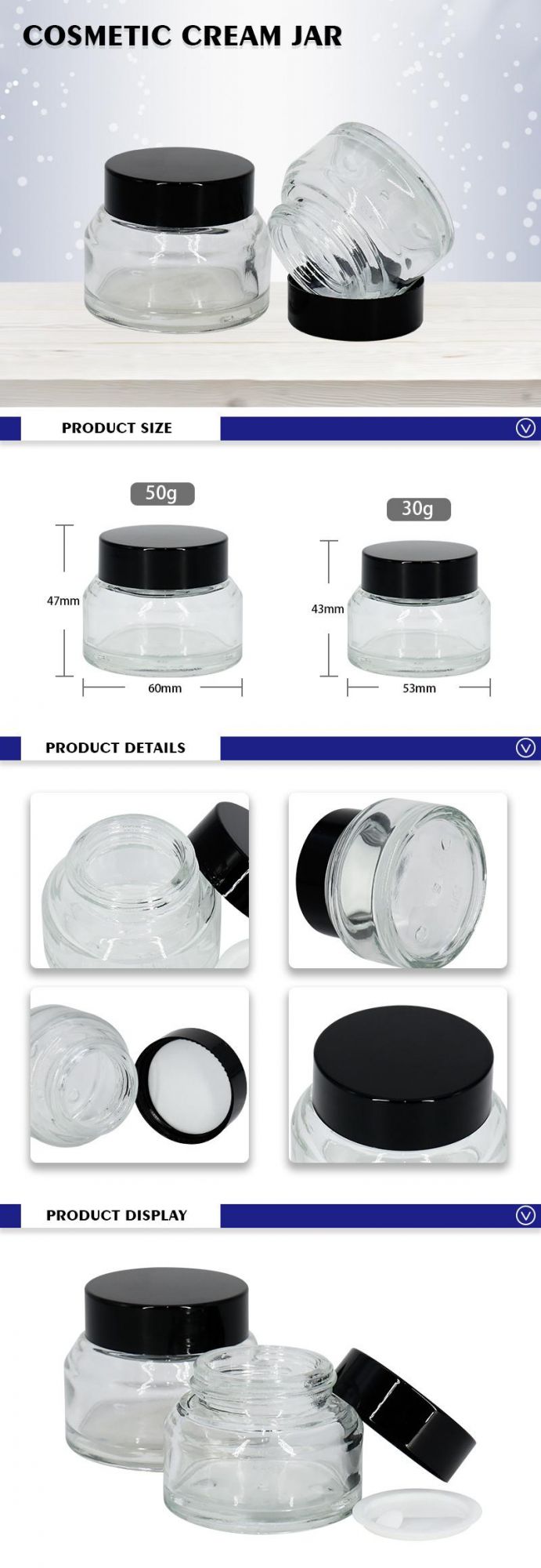 Cosmetic Container High Quality Luxury Cosmetic 50g 30g Frosted Cream Jar with Black Cap