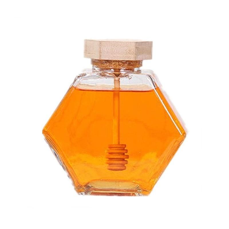 Wholesale 220ml 380ml Hexagon Flat Empty Honey Packaging Glass Jar with Bamboo Caps