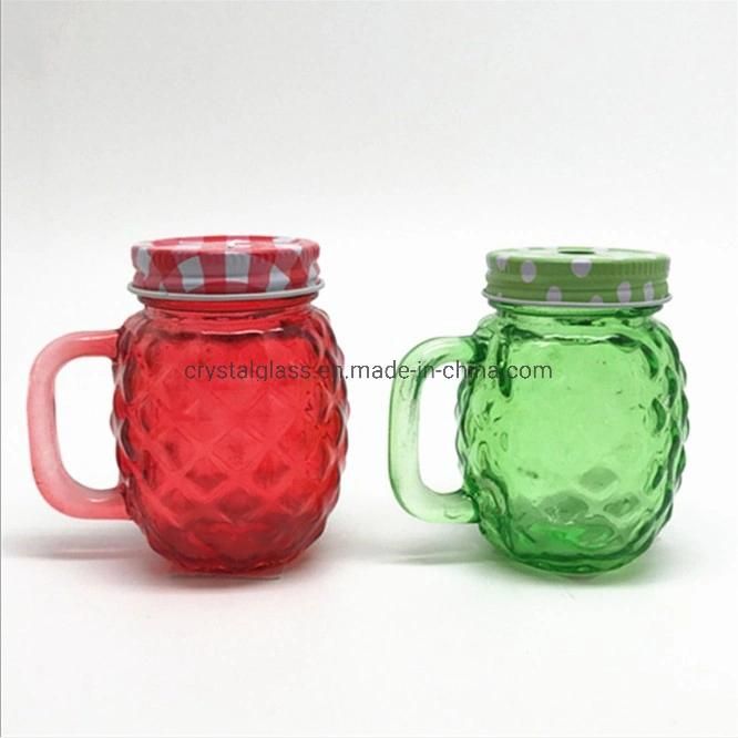 Colored Pineapple Style Glass Mason Beverage Mug with Handle 500ml/450ml