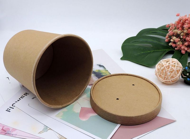 Food Takeaway Kraft Paper Packaging Soup Cup with Lids