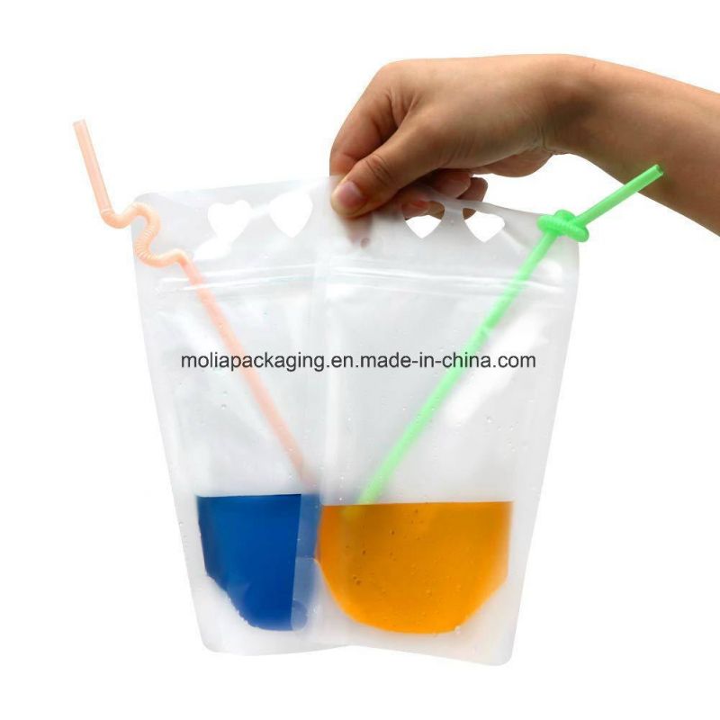 Bio-Degradable Food Grade BPA Free Stand up Disposable Resealable Ziplock Clear Drink Pouch with Straw for Cold Drinks