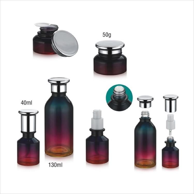 Cosmetic Gradient Glass Lotion Bottle for Serum Cosmetic Packing with Caps and Cosmetic Jar Set 40/50/130ml