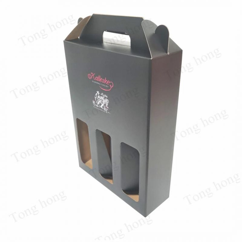 Custom Cellophane Wine Bottle Gift Paper Corrugated Packaging Carton Box with Paper Handle