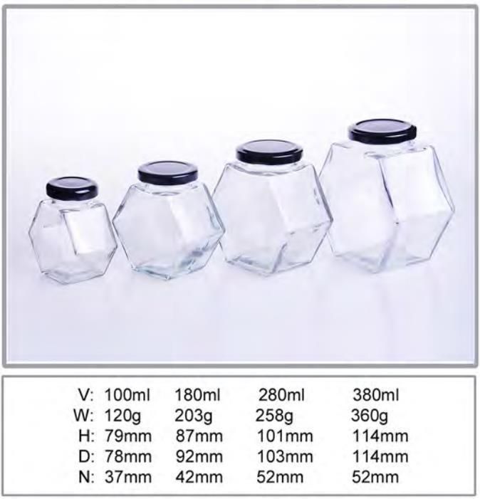 100ml 280ml 380ml Flat Empty Hexagon Honey Glass Jar with Metal Screw Top