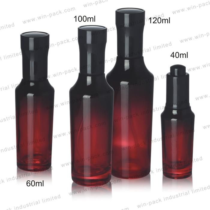 Red Gradient Lotion Glass Bottle with Pump Shiny Black Cap 100ml