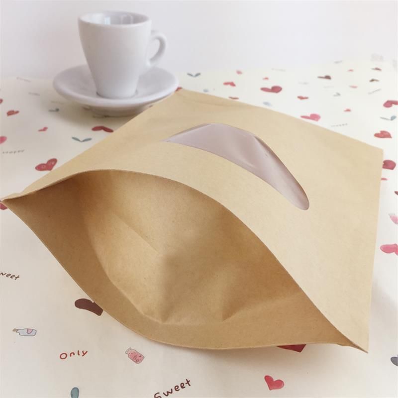 Degradable Customized Brown Stand up Kraft Paper Ziplock Bag with Clear Window for Food Packaging Bag