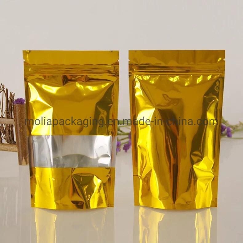 Degradable Plastic Bags/Stand up Sealing Bags Food Grade with Zipper and Tear Notches Gold/Clear Windows Stand up Bags