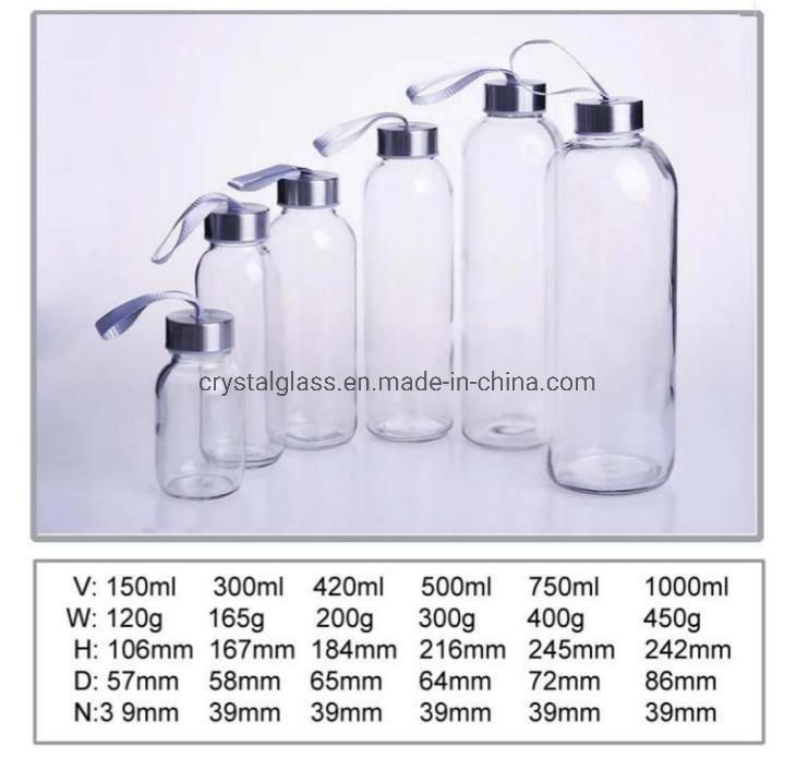 500ml Transparent Glass Water or Beverage Sports Bottle with Stainless Steel Cap