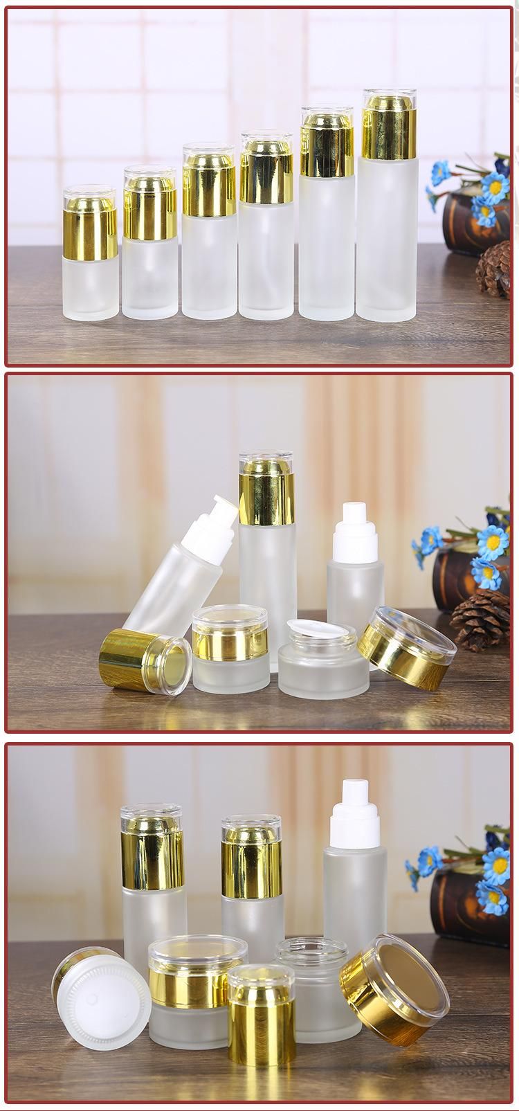 Cosmetic Frosted Spray and Lotion Glass Bottle with Golden Caps