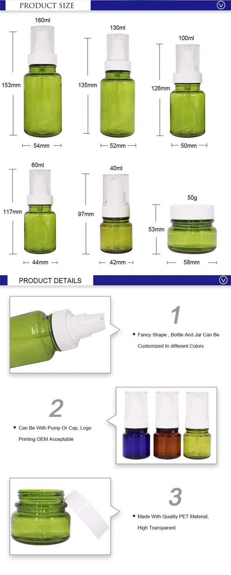 Wholesale Cosmetics Packaging Recyclable Green Plastic Bottle 30ml 50ml 100ml 120ml Lotion Pump Bottles