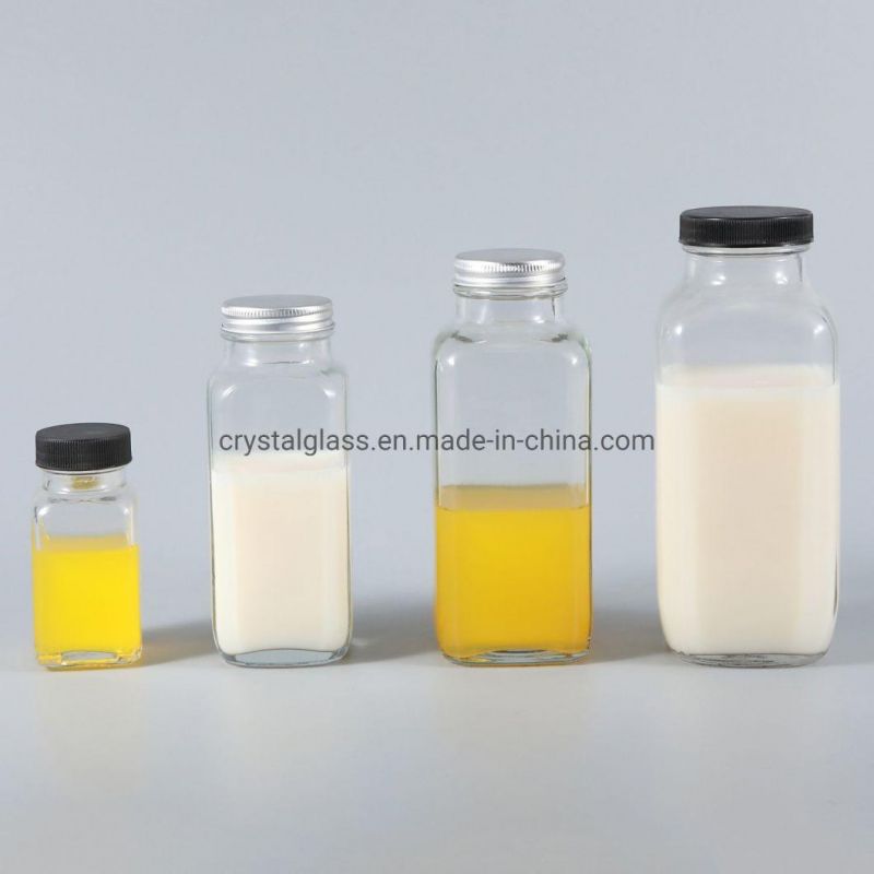 10oz 16oz Empty Square Glass Milk Tea Drinks Bottle with Metal Cap Factory Wholesale