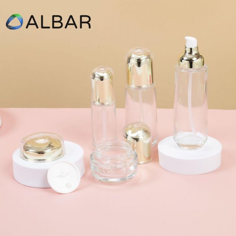 Gold Round Slope Liquid Pump Glass Bottles for Skin Oil Essence Lotion Tonic Water