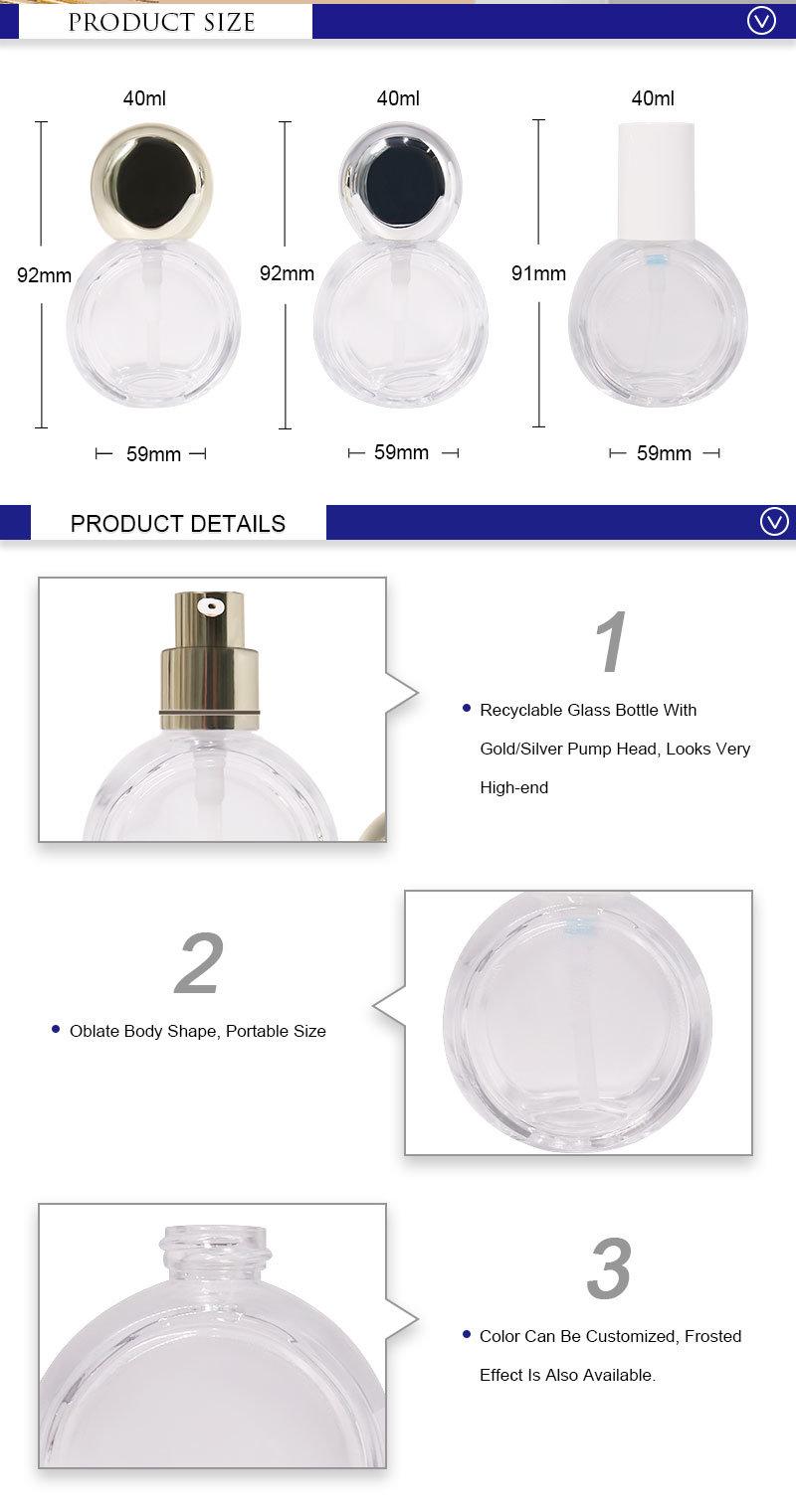 Unique Design 40ml Cosmetic Empty Round Packaging Glass Lotion Bottle with Round Silver or Gold Pump Cover