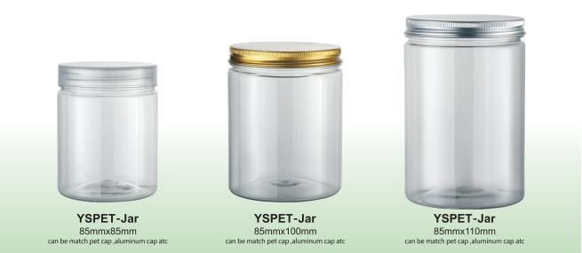 China Pet PP Custom Transparent Packaging Cans Jars with Plastic or Aluminum Caps for Food Water