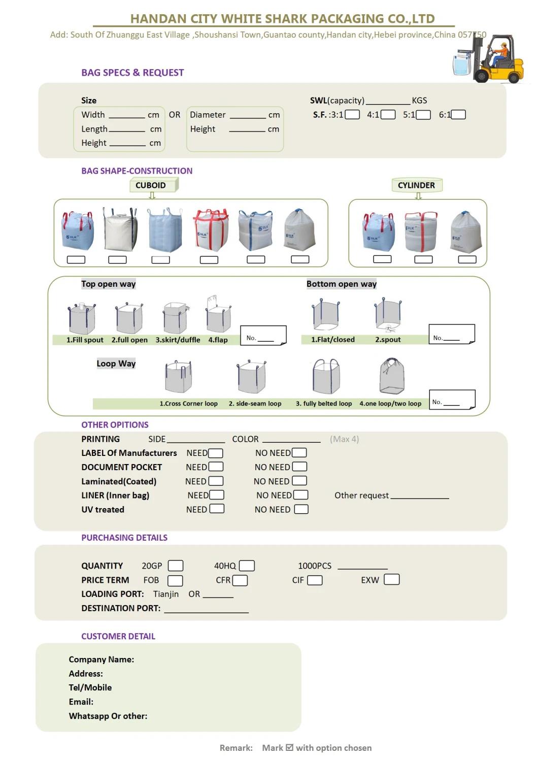 Jumbo Bag 2022 New Bulk Bag, One Tonne Bag with Printing, Top Full Open Bag 5: 1 Safety Factor