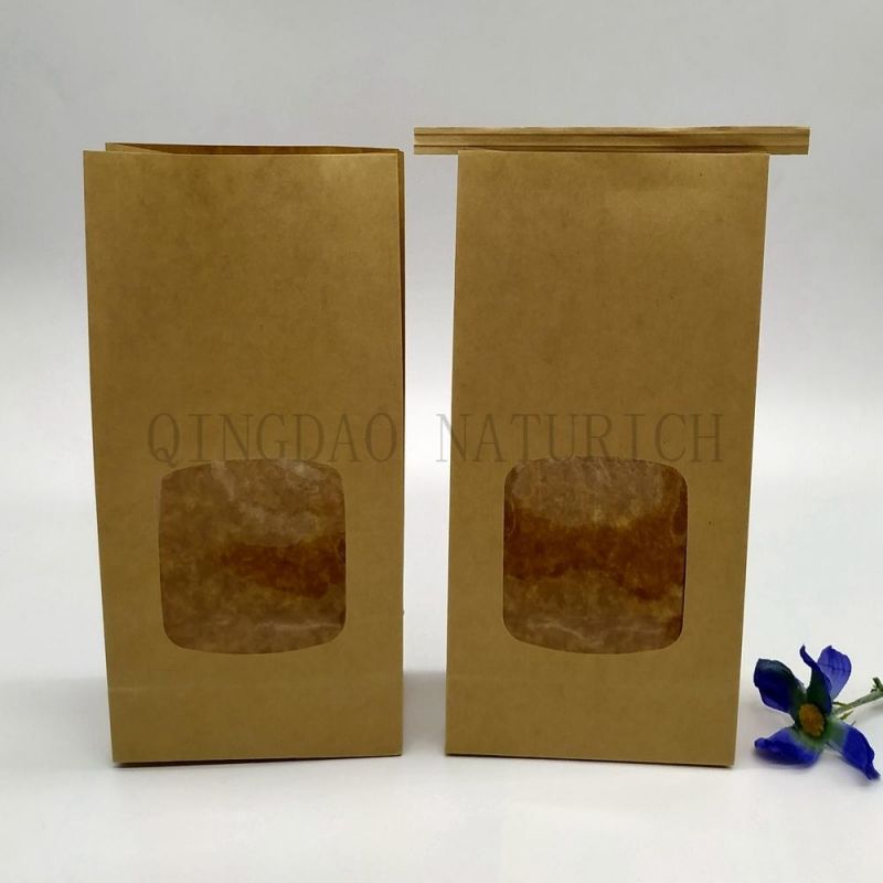 Customized Design Square Bottom Kraft Paper Bag with Clear Window and Tin Tie for Cookie