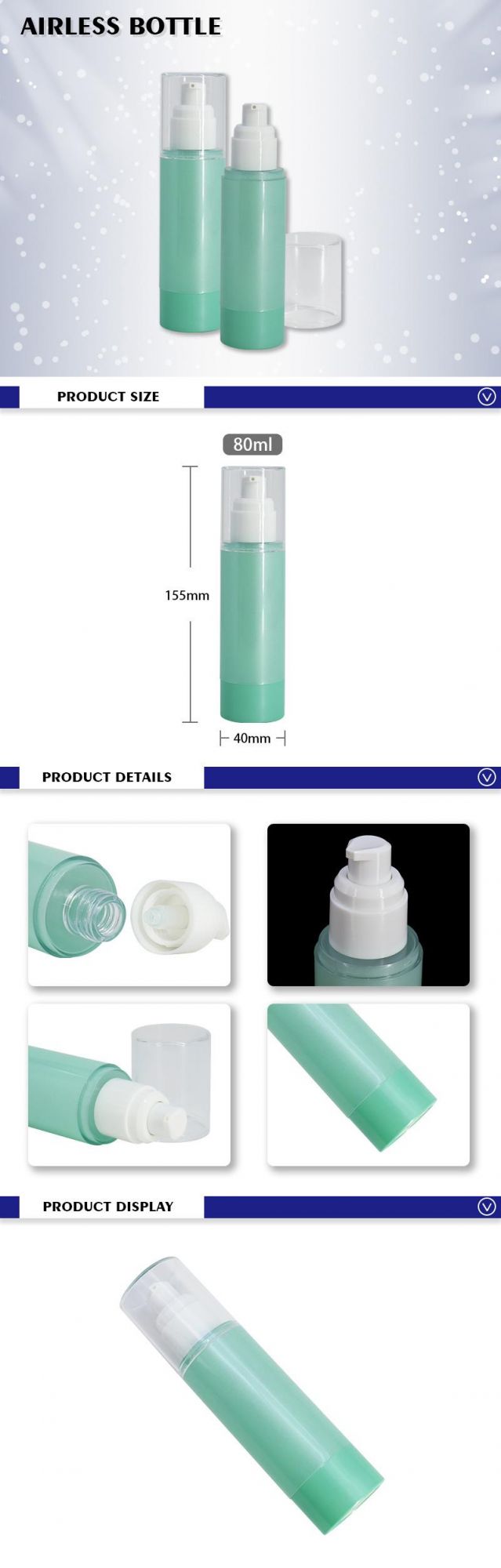 High Quality Frosted Airless Pump Cosmetic Packaging 80ml Green Serum Airless Bottle