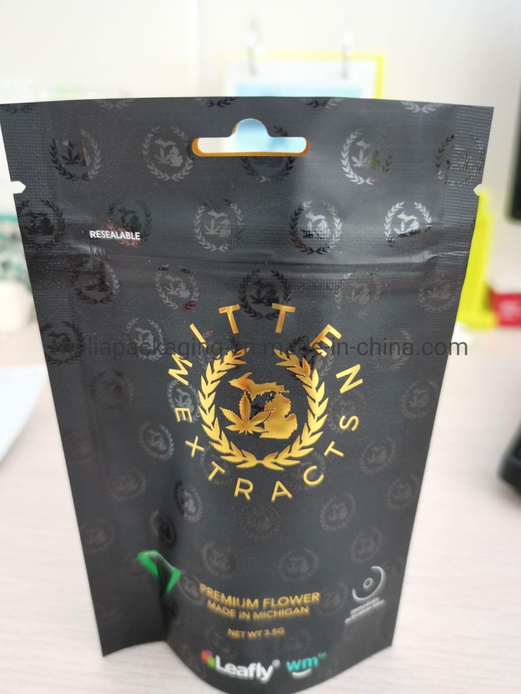 Hot Stamping Gold Color Printed Resealable Matte Stand up Pouch Smell Proof Plastic Zip Lock Black Mylar Bags