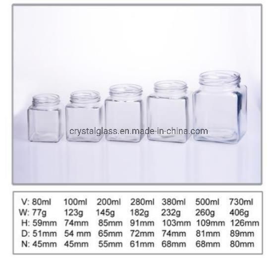 Logo Custom-Made Glass Jar Square Shape with Caps 280ml Wholesale