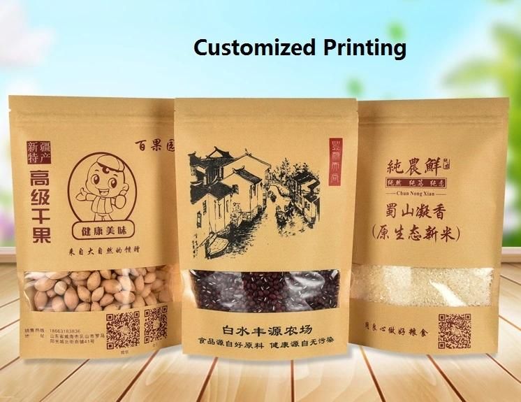 Custom Printing Matte Food Mylar Plastic Zip Ziplock Packaging Biodegradable Stand up Pouch Brown Kraft Paper Bag with Window