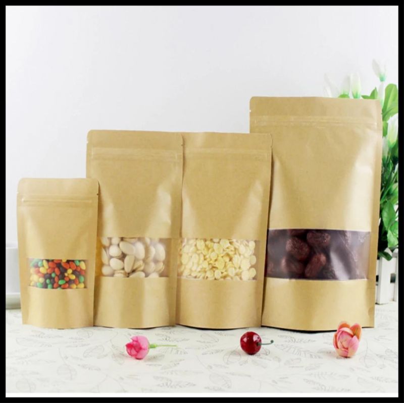 9*14+6cm 0.28mm Brown Kraft Retail Food Packaging Heat Sealable Stand-up Pouches with High Barrier and Matt Window