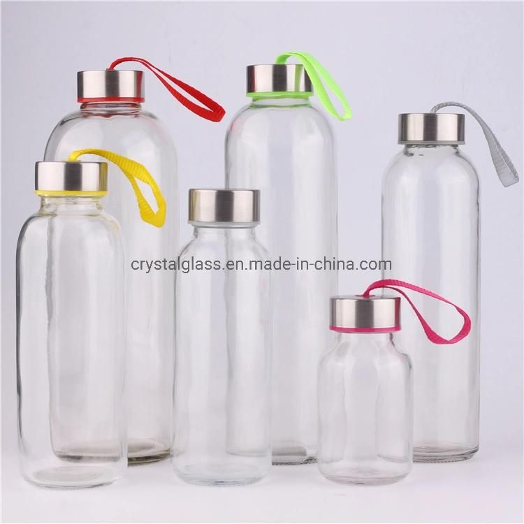 Custom Promotional Water Drinking Glass Bottle with Metal Lid and Colored Cover 16oz