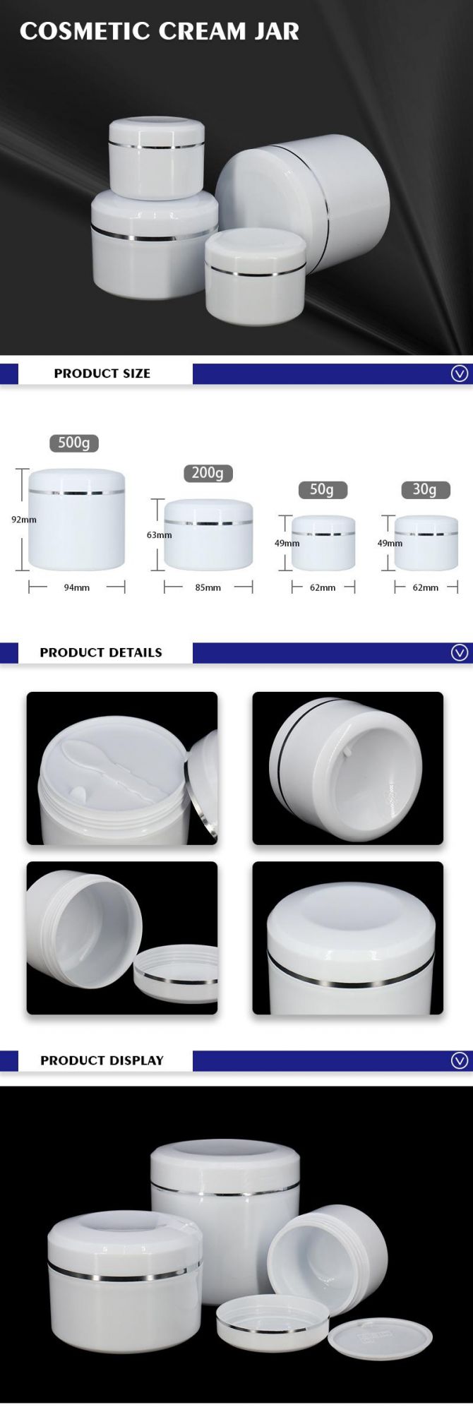 Wholesale High Quality 500ml 200ml 50ml 30ml PP Cosmetic Packaging Cream Jar with Silver Line