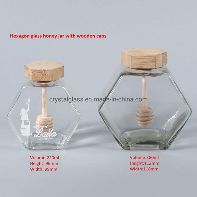 Hot Sale Bee Honey Packaging Bottle 220ml Clear Flat Hexagon Glass Jar with Muddler