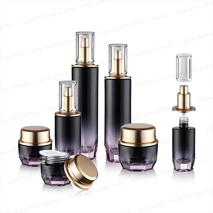 Round Luxury Cosmetic Lotion Glass Bottles Glass Purple Color with Aluminum Pump