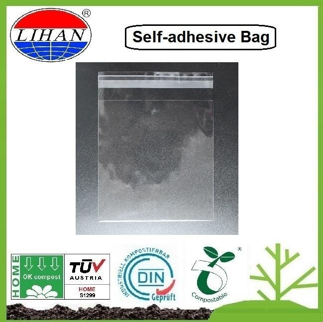 En13432 Biodegradable Plastic Eco-Friendly Compost Transparent Cornstarch Compostable Bag with Self Adhesive for Clothing Garment Food Contact Packaging