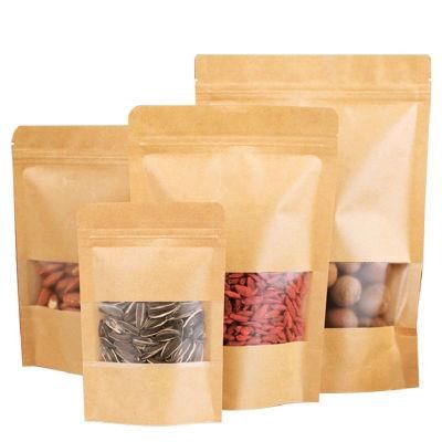 Reusable Stand up Zip Lock Paper Bags Clear Window Kraft Paper Packaging