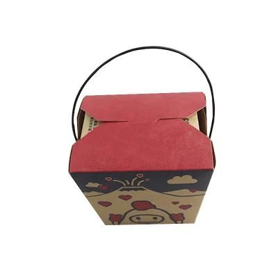 Hotsale Brown Kraft Asian Takeout Food Packing Gift Box with Slim Metal Wire Handle