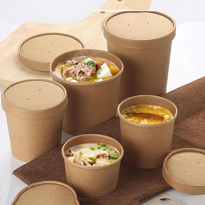 Wholesale PE Coating Disposable 16oz Kraft Paper Soup Cup with Pet Lid