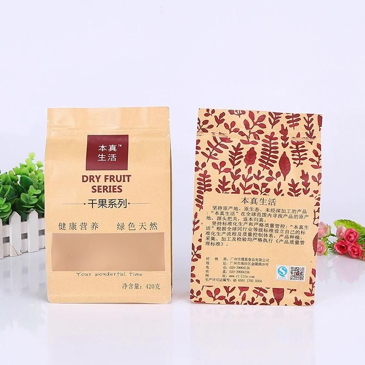 Kraft Paper Quad Seal Food Packaging Bag with Window