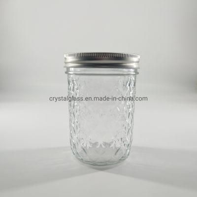 450ml 15oz Glass Mason Jar for Food with Grid Pattern and Golden Lids