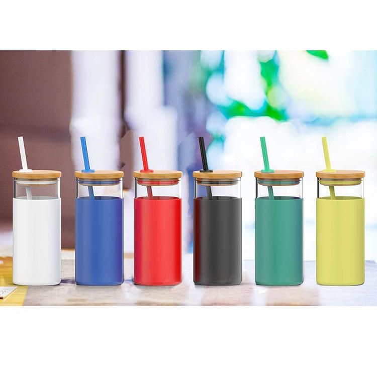 BPA Free Silicone Protective Sleeve Glass Tumbler Bottle Glass Container Water with Bamboo Lid and Straw