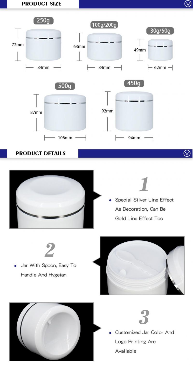 Multi-Function 30g 50g 100g 200g 250g 450g 500g White Empty Plastic Luxury Cosmetic Jars