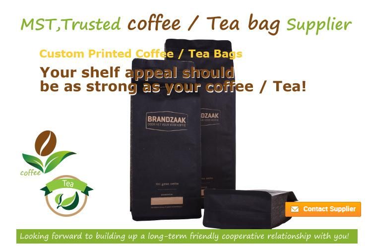 Biodegradable Custom Printed Flat Bottom Front Zipper Black Kraft Paper Food Coffee Bean Packaging Bag