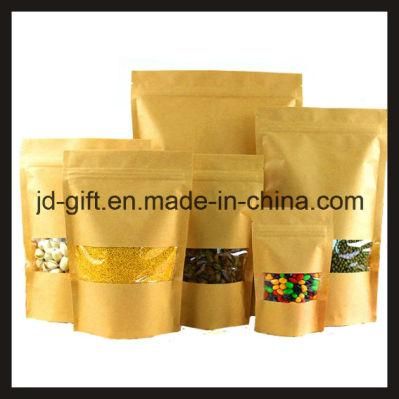 Wholesales Kraft Paper Standing Ziplock Food Packaging Bags with Clear Window for Candy, Seeds, Spice, Tea, Dry Food in Shop or Home (16*26+4cm)