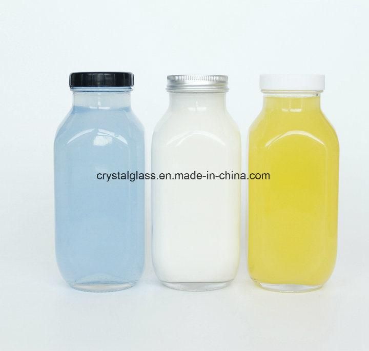 10oz 16oz 500ml Empty Clear French Square Glass Bottle with Child Proof Cap for Milk Tea Drinks