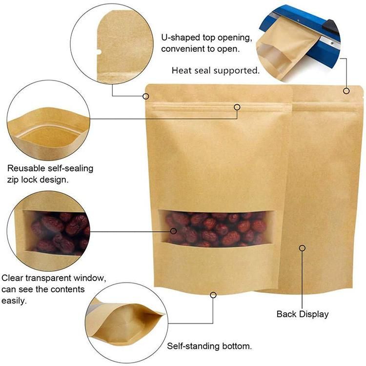 Customized Printed Food Grade Packaging Wholesale Plain Cheap Craft Pouch Zipper Brown Kraft Paper Bags