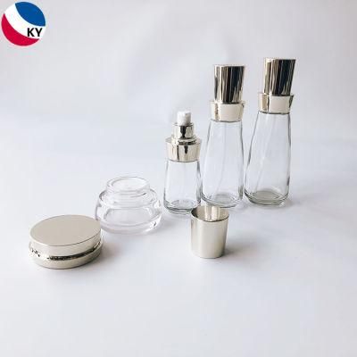 Luxury 50g 50ml 100ml 120ml Clear Unique Skin Care Cream Glass Jar Lotion Glass Pump Bottle Cosmetic Packaging Sets