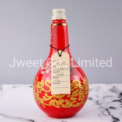 Golden Decal Printing Red Ceramic Empty Liquor Gin Bottle