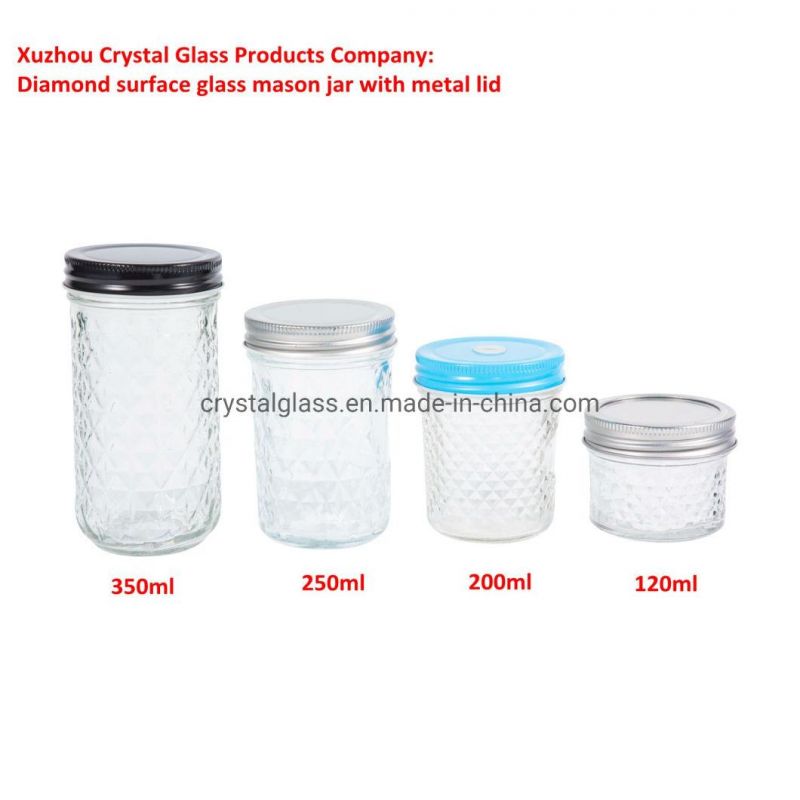 100ml 200ml 250ml 350ml Wide Mouth Glass Mason Jar for Jam Canning Food Storage Embossed Surface