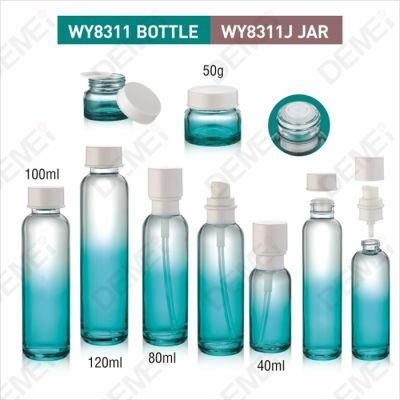 Glass Lotion Bottle Transparent Gradient Blue Color Cosmetic Container with White Lotion Pump for Skincare 40ml 60ml 120ml