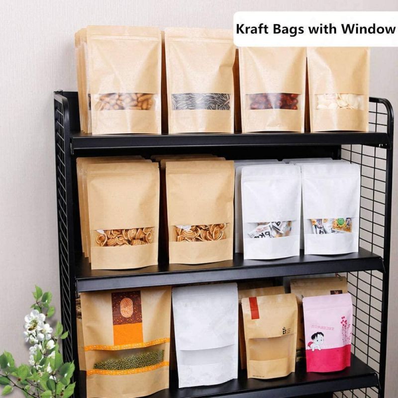 Waterproof Zipper Sealed Resealable Zip Lock Food Grade Ziplock Stand up Pouch Brown Kraft Paper Bag with Window