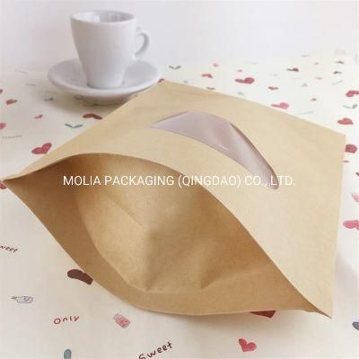 Stand up Ziplock Brown Kraft Paper Heat Seal Doypack Food Storage Bag with Round Clear Window Coffee Bath Salt Packaging Pouch