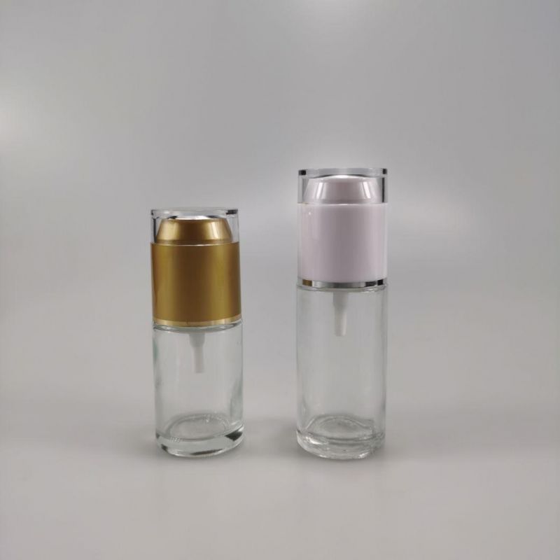 30ml 40ml 50ml 80ml 100ml 120ml Transparent Frosted Cylinder Glass Serum Lotion Bottle with Gold Silver Treatment Pump